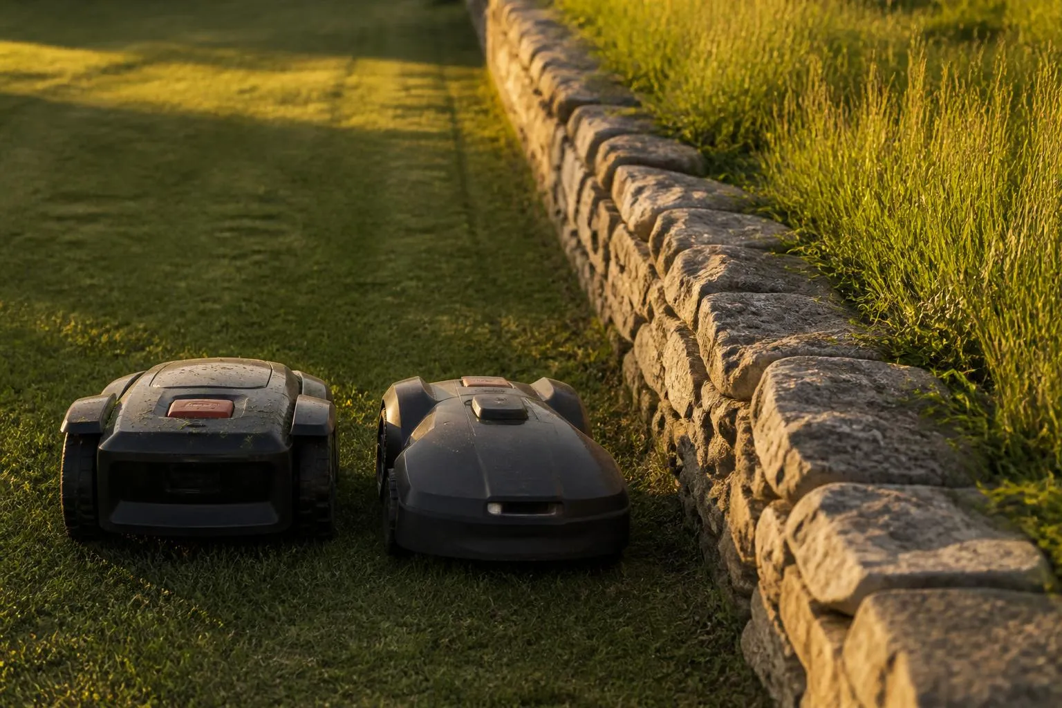 Deux robots tondeuses arrêtés côte à côte au bord d'une pelouse, le long d'un muret de pierre, au crépuscule