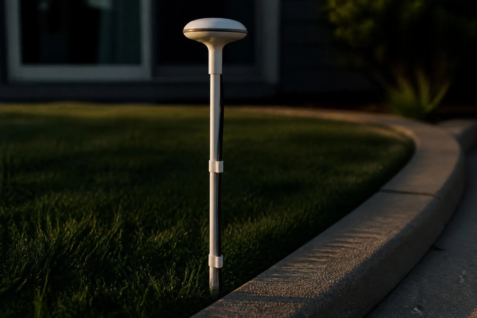 Mât d'antenne RTK planté au bord d'une pelouse, câble agrafé le long du tube, maison floue à l'arrière-plan