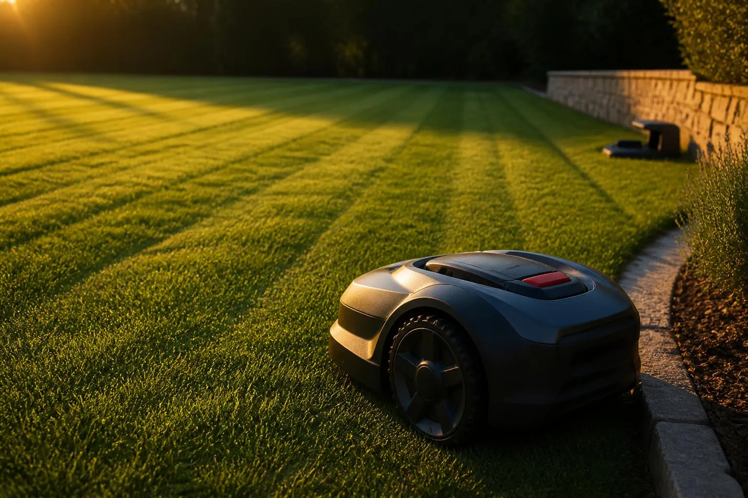 Robot tondeuse sans fil périphérique sur une grande pelouse en fin de journée