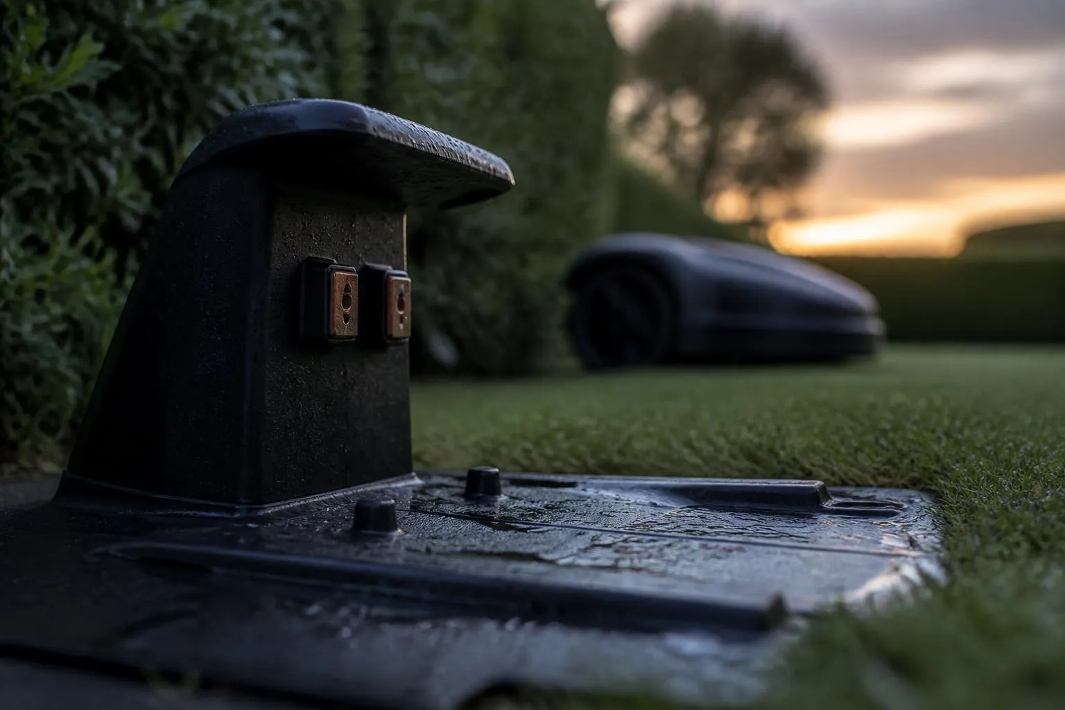 Station de charge vide au crépuscule, contacts métalliques luisants, robot tondeuse arrêté dans l'herbe à deux mètres