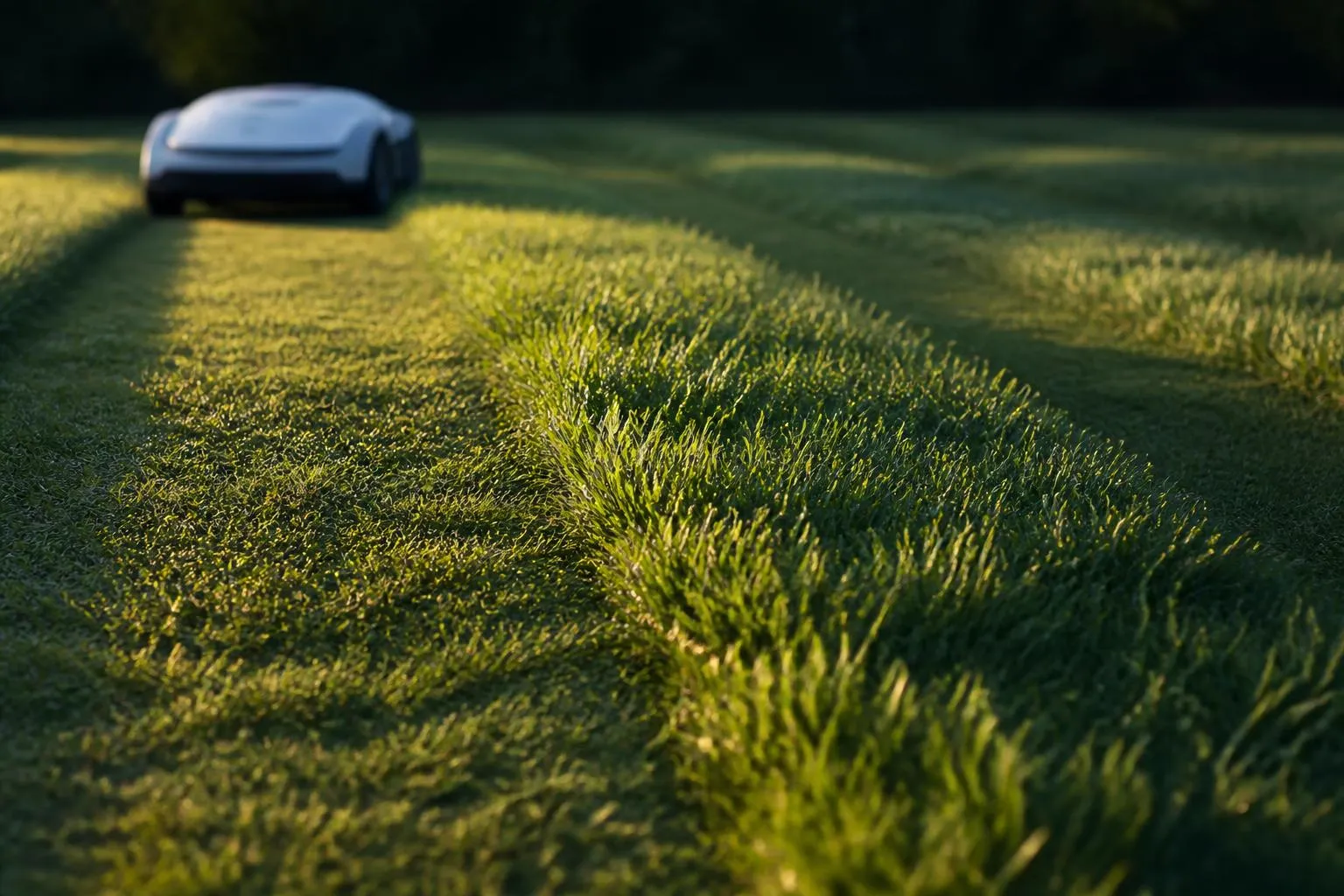 Pelouse rayée de bandes d'herbe plus hautes, le soir, un robot tondeuse arrêté au bout d'un passage